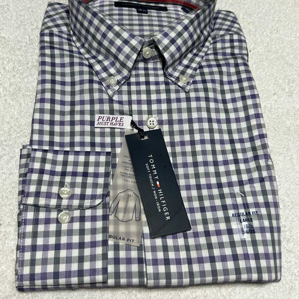 Tommy Hilfiger Men's Purple Plaid Shirt‎ Reg Fit 16.5 34/35 New with Tags $24